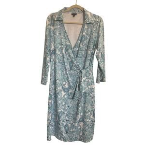 Talbots Large Dress Turquoise White Wrap Paisley Print Side Tie 3/4 Sleeve #6322